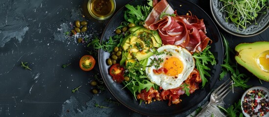 Poster - Top down view of a keto brunch spread featuring a fried egg prosciutto avocado and salad on a ketogenic and paleo diet This image includes copy space
