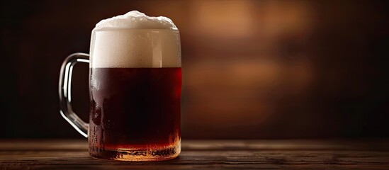 Poster - A close up image of a dark beer mug with white foam against a dark background providing space for additional elements