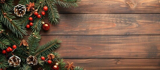 Poster - Christmas greeting card with fir branch decorations and fir tree on a wooden background providing ample copy space for customization