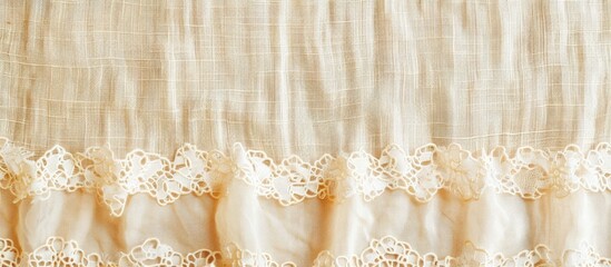 Poster - Bright fabric background with a border frame of lace ribbon on natural linen featuring a copy space image