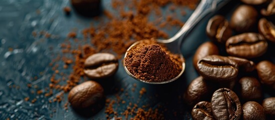 Poster - A close up shot of coffee beans on a black mirror background with a spoon of ground coffee providing copy space image