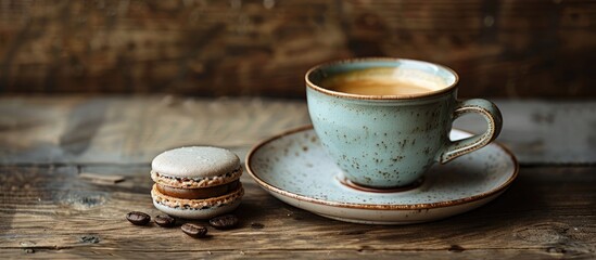 Poster - Coffee cup and macaroon on a wooden table with room for a copy space image