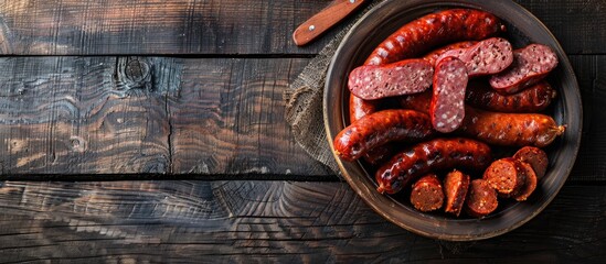 Aufkleber - An assortment of smoked sausage made from pork and beef lies as an appetizing snack on a rustic tabletop with copy space perfect for a meal or food background