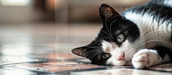 Poster - Detailed close up image of a cat s black and white face resting on floor tiles with ample copy space image