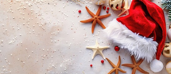 Poster - Christmas vacation themed flat lay with a Santa hat and starfishes on sandy background inviting you to add text in the copy space image