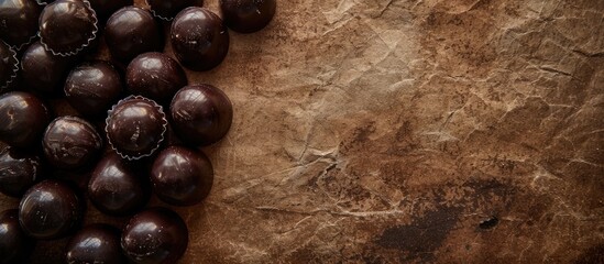 Canvas Print - Dark chocolate candies filled with natural plum showcased in an antique paper like background with empty space for text or graphics. Creative banner. Copyspace image