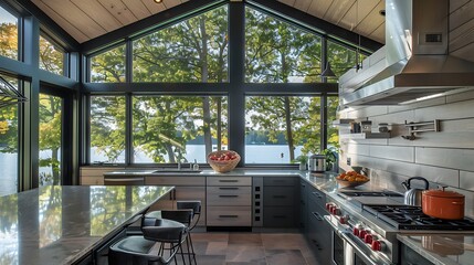 contemporary kitchen with a stylish trapezoid window by the lake