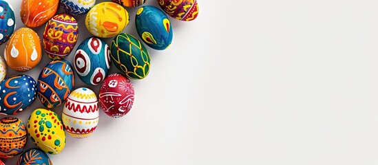 Poster - Colorful handmade Easter eggs displayed on a white background with a border frame corner providing copy space perfect for a festive Easter card image