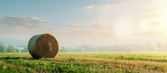 Poster - Countryside field at noon with a hay bale in daylight Includes copy space image
