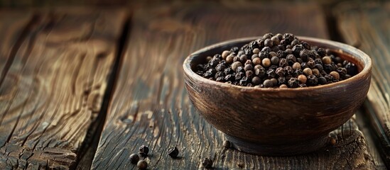 Poster - Clay bowl filled with black pepper on wooden backdrop with ample copy space image conveying notions of healthy eating ayurveda and naturopathy