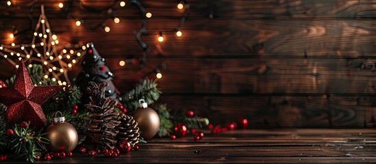 Poster - Christmas themed interior with handmade decorations on a dark wooden backdrop ideal for a copy space image