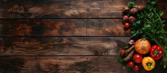 Poster - Aerial view of fresh vegetables on a rustic wooden backdrop symbolizing a wholesome vegetarian diet with copy space for text or image
