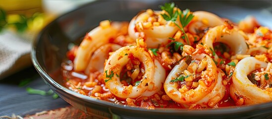 Aufkleber - Copy space image of calamari filled with rice in a savory tomato sauce