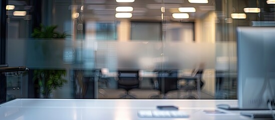 Poster - Blurry glass wall office background with a white table holding a computer and space for an image capture up close. Creative banner. Copyspace image