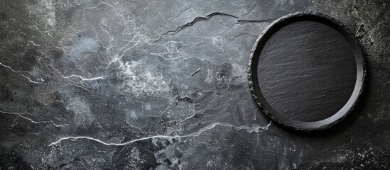 Aufkleber - Dark slate plate in a cafe with dishware on a stone surface resembling a chalkboard in a restaurant featuring empty copy space image