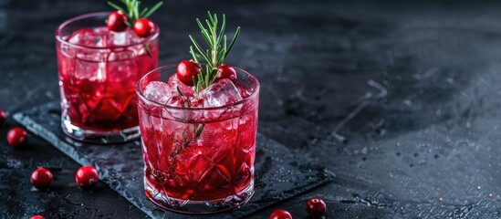 Poster - Alcoholic drink consisting of a cranberry and rosemary cocktail served in two glasses on a dark background with copy space image
