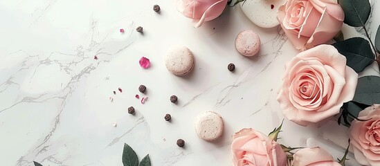 Aufkleber - Copy space image featuring a flat lay top view of a composition crafted from roses and decorative elements within a frame