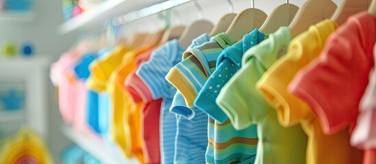 Sticker - Close up shot of a rack filled with vibrant baby bodysuits in a children s room ideal for a copy space image