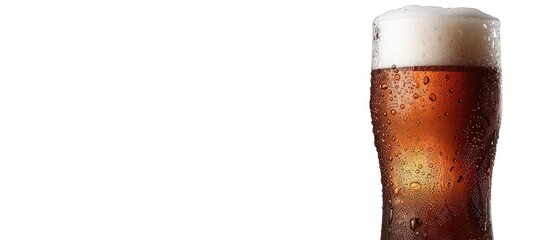 Poster - Close up of a frosty craft beer pint in a glass isolated against a white background with water droplets ideal for Oktoberfest showing copy space image