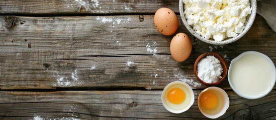 Aufkleber - View from above showcasing dairy products like cottage cheese sour cream milk egg and butter arranged on a rustic wooden table with ample copy space for additional elements in the image