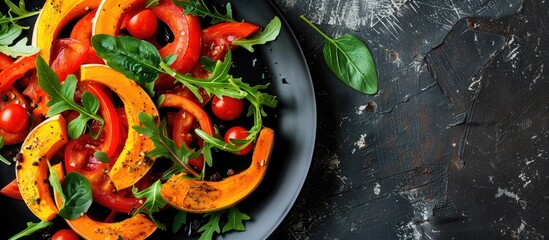 Aufkleber - A top view of a black plate with baked pumpkin and vegetables offering a free copy space image