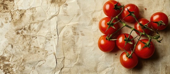 Sticker - Close up image of fresh cherry tomatoes on a vintage paper background with ample copy space image