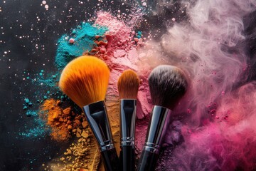 Cosmetic Brushes Explosion: Colorful Powders Bursting around Make-up Tools