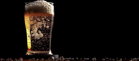 Poster - Closeup image of a beer glass overflowing with frothy bubbles on a black background suitable for a brewery commercial with copy space image