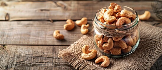 Wall Mural - Cashew nuts displayed in a glass jar on a wooden background with copy space image