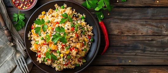 Poster - Close up top view of a plate on a wooden table displaying delicious fried rice adorned with vegetables parsley and chili creating a rustic Indian and Asian cuisine copy space image