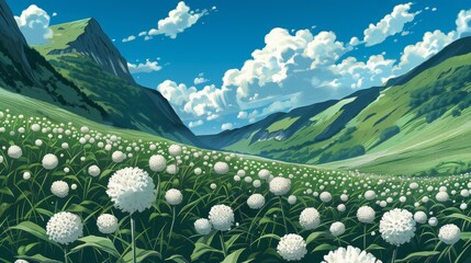 Wall Mural - Mountain Meadow with White Flowers.