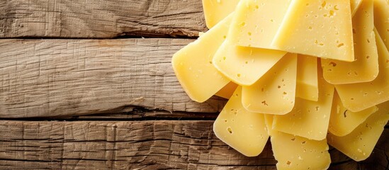 Poster - Top down view of Maasdam cheese slices in yellow hue on a wooden backdrop with ample space for additional images