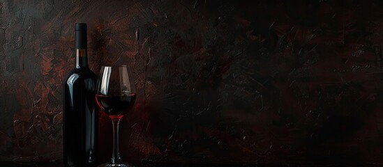 Poster - A dark background sets the stage for a glass and bottle of red wine with room for copy space image