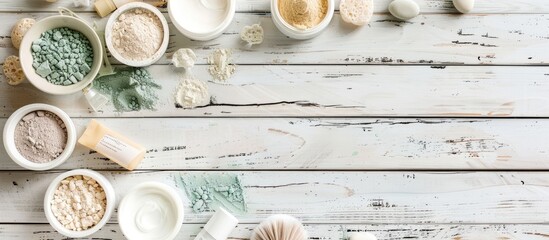 Poster - An arrangement of beauty products including cosmetic clay powder bath salts and cream displayed on a white wooden table background with copy space image