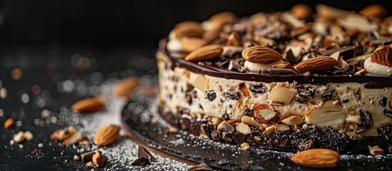 Canvas Print - Close up side view of a delectable cake featuring nuts almonds and both black and white chocolate on a dark background with ample copy space image