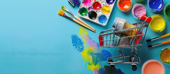 Aufkleber - Colorful background featuring shopping cart watercolor paints and stationery supplies with copy space image