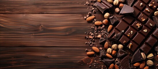 Poster - Colorful wooden background with chocolate pieces and nuts creates an appealing copy space image