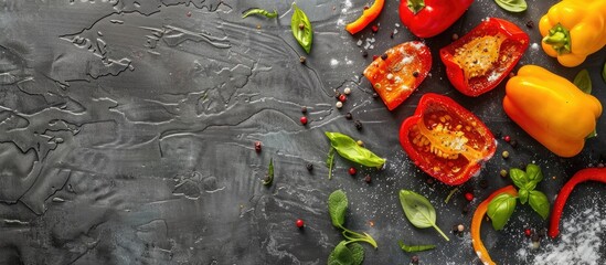 Aufkleber - Dark grey table with delicious baked parsnip and bell pepper on parchment suitable for copy space image