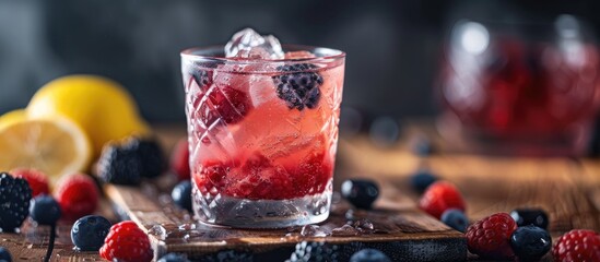 Poster - A cocktail with ice berries and lemon placed on a wooden surface with a focused composition offering ample copy space image