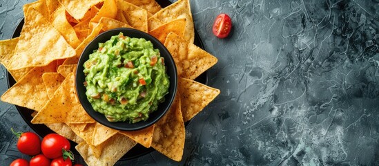 Poster - Top down view of nachos with guacamole displayed on a gray concrete surface perfect for a copy space image representing traditional Mexican cuisine