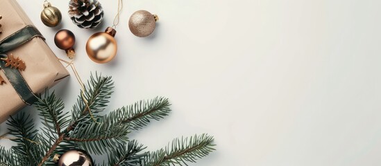 Poster - A flat lay composition showcasing a festive arrangement of an evergreen branch holiday ornaments and a gift box on a white surface with copy space image