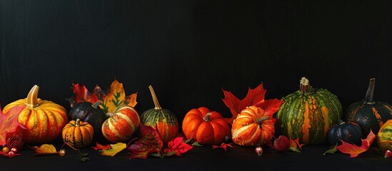 Fototapete - Autumn display of colorful pumpkins and leaves against a black backdrop with space for text in the image. Creative banner. Copyspace image