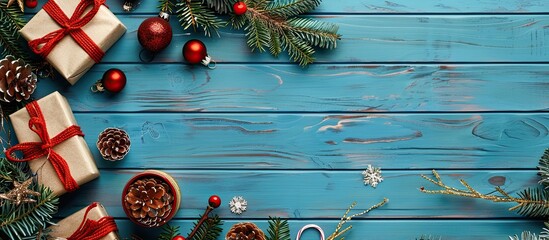 Leinwandbilder - A blue wooden table displaying Christmas items with available copy space for a festive background image