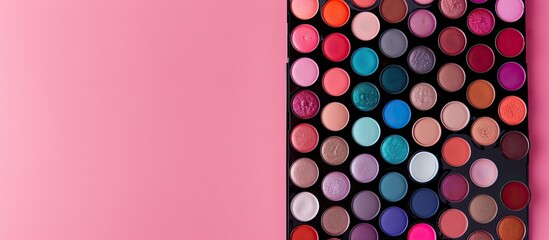 Poster - Colorful makeup shades displayed on a pink table in a top view flat lay setup with available copy space image