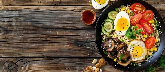 Poster - Top view photo of Asian food noodles with mushrooms eggs and chia seeds on a wooden surface offering a free copy space image