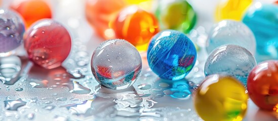 Poster - Close up macro photo of colored marbles on a white background with copy space image