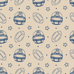 football helmets and balls line art doodles on beige seamless pattern design