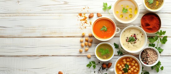 Aufkleber - A delicious chickpea soup arranged on a white wooden table with spices creating a visually appealing copy space image