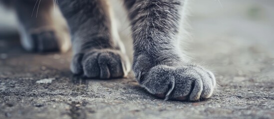 Poster - Close up image showing a gray cat s paw on a cement floor with copy space