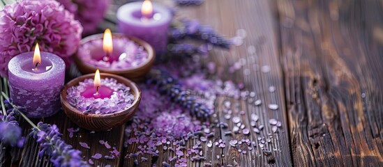 Wall Mural - Close up view of a spa themed setting featuring lavender flowers scented candles and cosmetic salt on a wooden background with copy space image available